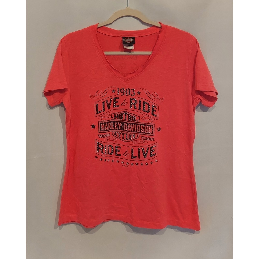 Harley-Davidson Womens Coral Rhinestone Studded V-Neck T-Shirt Size Large NWOT